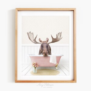 Moose in a Vintage Bathtub, Cottage Rose Bath Style, Moose in Tub, Bathroom Wall Art, Unframed Print, Animal Art by Amy Peterson