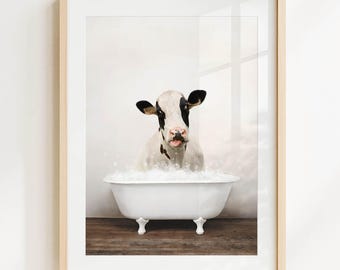 Holstein Cow in Bathtub Print: Rustic Bathroom Wall Art