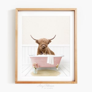 Highland Cow in a Vintage Bathtub, Cottage Rose Bath Style, Cow in Tub, Bathroom Wall Art, Unframed Print, Animal Art by Amy Peterson