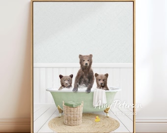 Bear Cubs in Bathtub Art Print: Cottagecore Bathroom Wall Decor