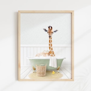 Giraffe in Bathtub Art Print: Cottagecore Bathroom Wall Decor