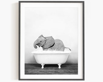 Baby Elephant No2 in a Vintage Bathtub, Rustic Bath Style in Black and White, Bathroom Wall Art, Unframed Print, Animal Art by Amy Peterson