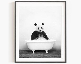 Panda in a Vintage Bathtub, Rustic Bath Style in Black and White, Bathroom Wall Art, Unframed Print, Animal Art by Amy Peterson