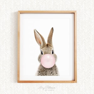 Baby Bunny Blowing Bubble Gum Bubble, Farm Animal, Woodland Animal Nursery Decor, Unframed Print, Baby Animal Wall Art by Amy Peterson