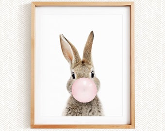 Baby Bunny Blowing Bubble Gum Bubble, Farm Animal, Woodland Animal Nursery Decor, Unframed Print, Baby Animal Wall Art by Amy Peterson