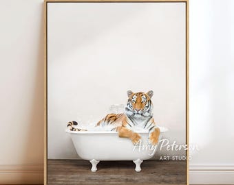 Bengal Tiger in Bathtub Art Print: Rustic Bathroom Wall Decor