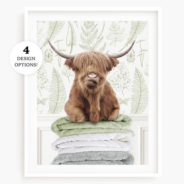 Highland Cow on Folded Towels, Laundry Wall Art, Laundry Wall Decor, Unframed Print, Laundry Animal Art by Amy Peterson