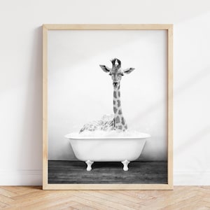 Giraffe in Bathtub Print: Rustic Bathroom Wall Art by Amy Peterson