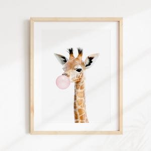 Baby Giraffe Blowing Bubble Gum, Giraffe Safari Animal Nursery Decor, Baby Animal Wall Art by Amy Peterson