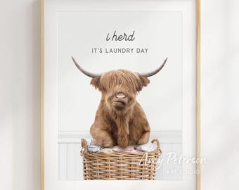 Highland Cow Laundry Day Art Print: Funny Animal Wall Decor