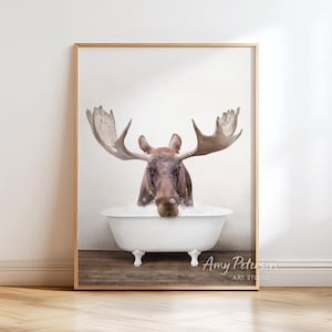 Moose in Bathtub Print: Rustic Bathroom Wall Art