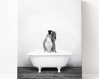 German Boxer Dog in a Vintage Bathtub, Dog Taking Bath, Dog Art, Bathroom Wall Art, Unframed Print, Animal Art by Amy Peterson