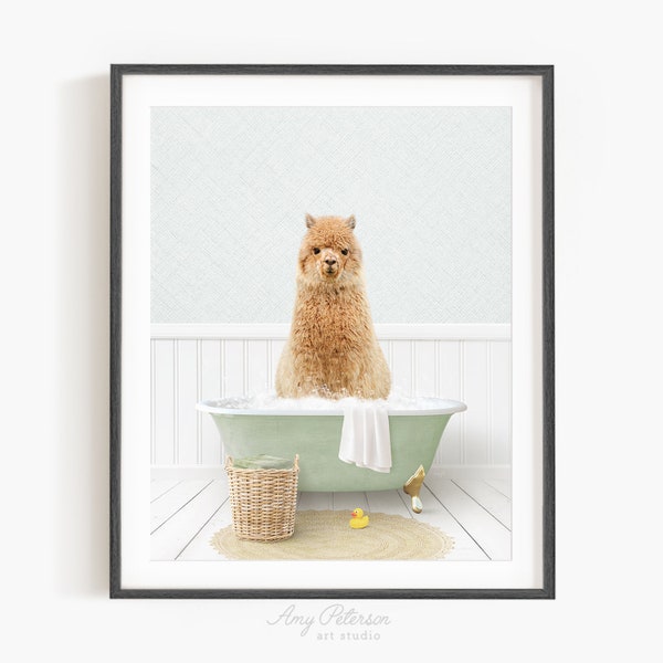 Alpaca in a Vintage Bathtub, Cottage Green Bath, Alpaca in Tub, Bathroom Wall Art, Unframed Print, Animal Art by Amy Peterson