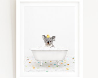 Koala with Rubber Ducky in a Vintage Bathtub, Color Tile Bath Style, Bathroom Wall Art, Unframed Animal Art Print by Amy Peterson
