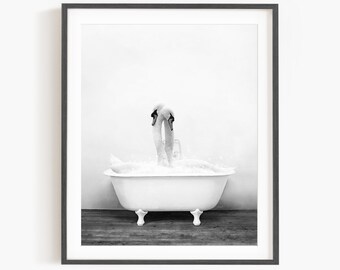 Swans in a Vintage Bathtub, Rustic Bath Style in Black and White, Swan in Tub, Bathroom Wall Art, Unframed Print, Animal Art by Amy Peterson