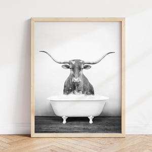 Texas Longhorn in Bathtub Print: Rustic Bathroom Wall Art