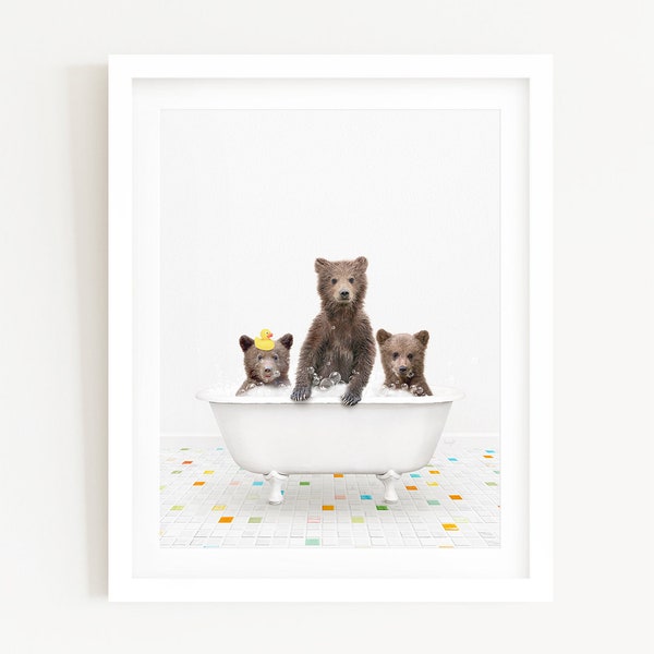 3 Bears with Rubber Ducky in a Vintage Bathtub, Kids Bath Style, Bathroom Wall Art, Unframed Animal Art Print by Amy Peterson