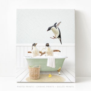 Penguins in a Vintage Bathtub, Cottage Green Bath, Penguin in Tub, Bathroom Wall Art, Unframed Print, Animal Art by Amy Peterson