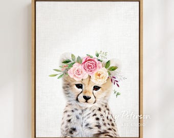 Cheetah Cub Art Print: Floral Crown, Safari Nursery Decor