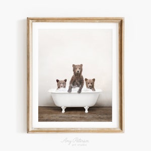 Three Bear Cubs in a Vintage Bathtub, Rustic Bath Style, Cubs in Tub, Bathroom Wall Art, Unframed Print, Animal Art by Amy Peterson