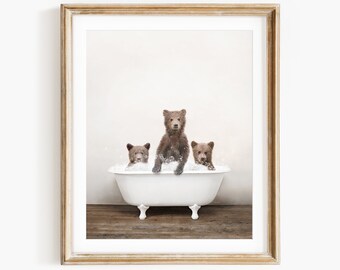 Three Bear Cubs in a Vintage Bathtub, Rustic Bath Style, Cubs in Tub, Bathroom Wall Art, Unframed Print, Animal Art by Amy Peterson