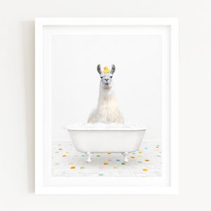 Llama with Rubber Ducky in a Vintage Bathtub, Kids Bath Style, Bathroom Wall Art, Unframed Animal Art Print by Amy Peterson