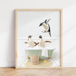 Penguins in a Vintage Bathtub, Cottage Green Bath, Penguin in Tub, Bathroom Wall Art, Animal Art by Amy Peterson