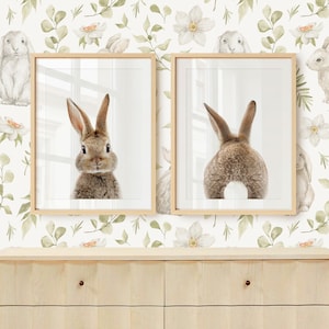Bunny Prints Set: Front and Back, Woodland Animal, Nursery Art Print Set of 2
