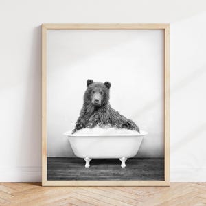 Bear in Bathtub Print: Rustic Bathroom Black and White Animal Art