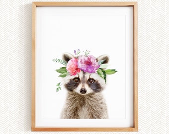 Baby Raccoon with Flower Crown Portrait, Nursery Art Woodland Animal, Nursery Decor, Unframed Animal Art Print by Amy Peterson