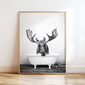 Moose in Bathtub Print: Rustic Bathroom Wall Art by Amy Peterson