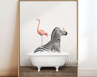 Safari Animals in Bathtub Art Print: Rustic Bathroom Wall Decor