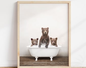 Bear Cubs in Bathtub Art Print: Rustic Bathroom Wall Decor