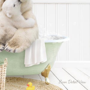 A polar bear sitting in a green bathtub, surrounded by bubbles, with a rubber duck nearby.