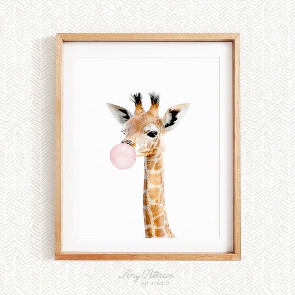 Baby Giraffe Blowing Bubble Gum, Giraffe Safari Animal Nursery Decor, Unframed Print, Baby Animal Wall Art by Amy Peterson