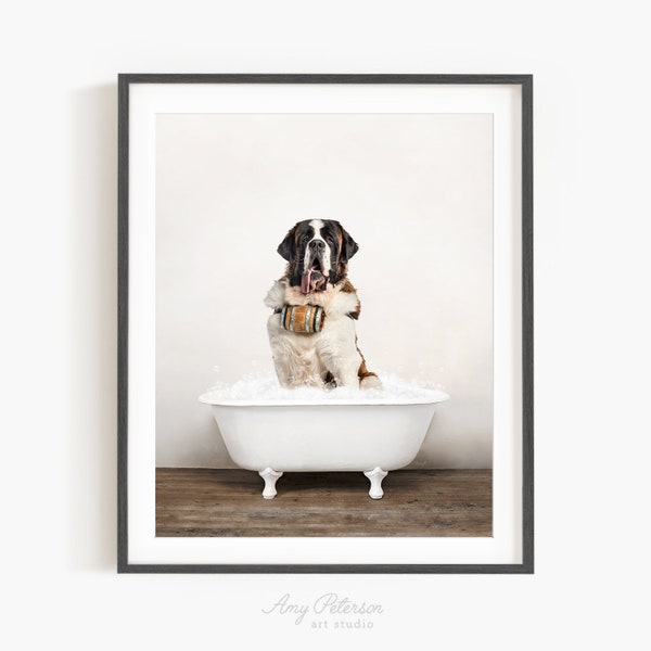 St. Bernard Dog in a Vintage Bathtub, Dog Taking Bath, Dog Art, Bathroom Wall Art, Unframed Print, Animal Art by Amy Peterson