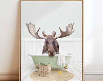 Moose in Bathtub Art Print: Cottagecore Bathroom Wall Decor