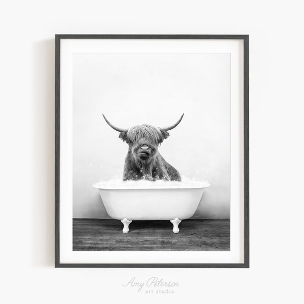 Highland Cow in a Vintage Bathtub, Rustic Bath Style in Black and White, Bathroom Wall Art, Unframed Print, Animal Art by Amy Peterson