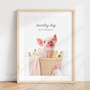 Baby Pig Laundry Day Art Print: Nursery Animal Wall Decor