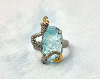 925 Silver Aquamarine Rough Raw Ring Animal Theme Snake Ring