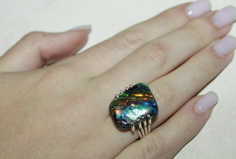 Sparkle Dichroic Glass Ring Freeform Multicolor Ring of Sterling Silver Stripes Glass Jewelry Gift for Her