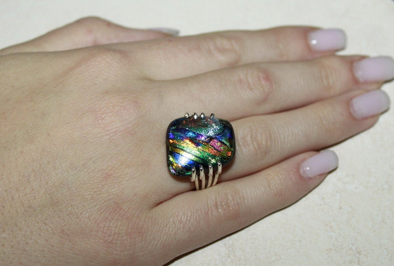 Sparkle Dichroic Glass Ring Freeform Multicolor Ring of Sterling Silver Stripes Glass Jewelry Gift for Her