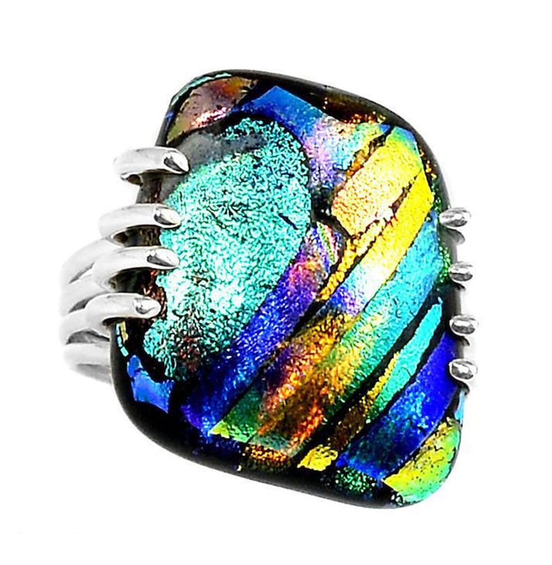 Sparkle Dichroic Glass Ring Freeform Multicolor Ring of Sterling Silver Stripes Glass Jewelry Gift for Her