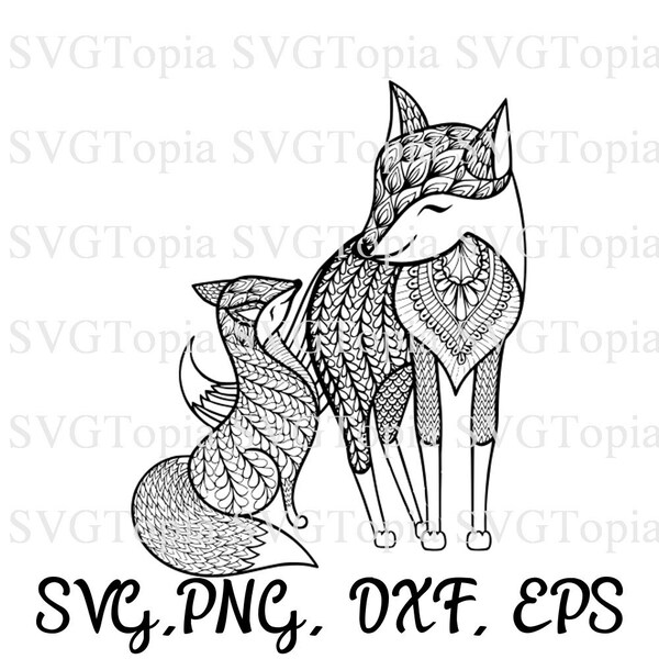 お母さんと赤ちゃんのキツネ SVG PNG EPS Dxf クリカットやシルエットカットファイルなどのダイカットマシン用クリップ アート カット可能なファイル ゼンタングル キツネ