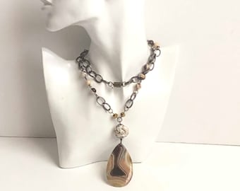 Zebra Stone Bead and Agate Necklace
