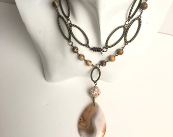 Picture Jasper Beaded Necklace with Agate Stone Pendant