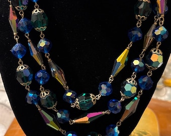 Vintage Aurora Borealis Crystal Beaded Necklace, Triple Strand