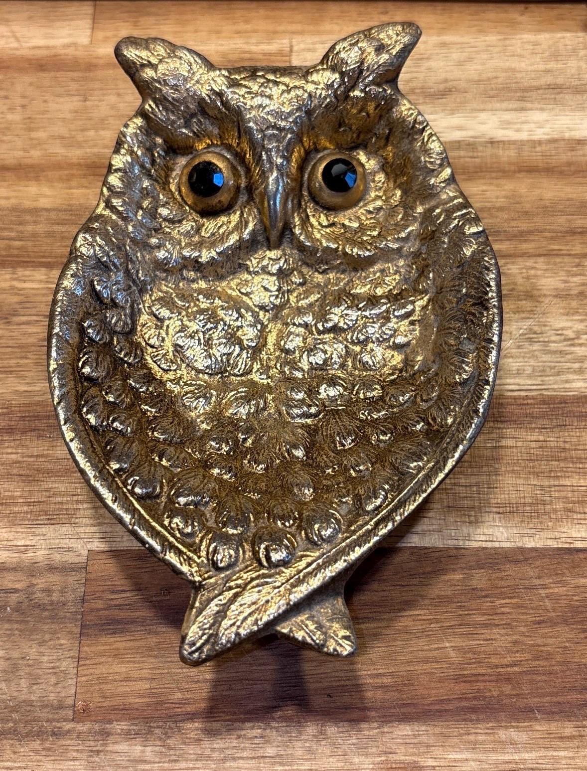 Vintage Gold Plated Metal Owl Trinket Dish