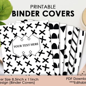 May include: Six printable binder covers in black and white with geometric patterns. The covers are 8.5 inches by 11 inches and are editable.