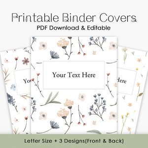 May include: Three printable binder covers with a floral design. The covers are letter size and feature a white background with a delicate pattern of blue, pink, and yellow flowers. The text "Your Text Here" is printed on the center cover.